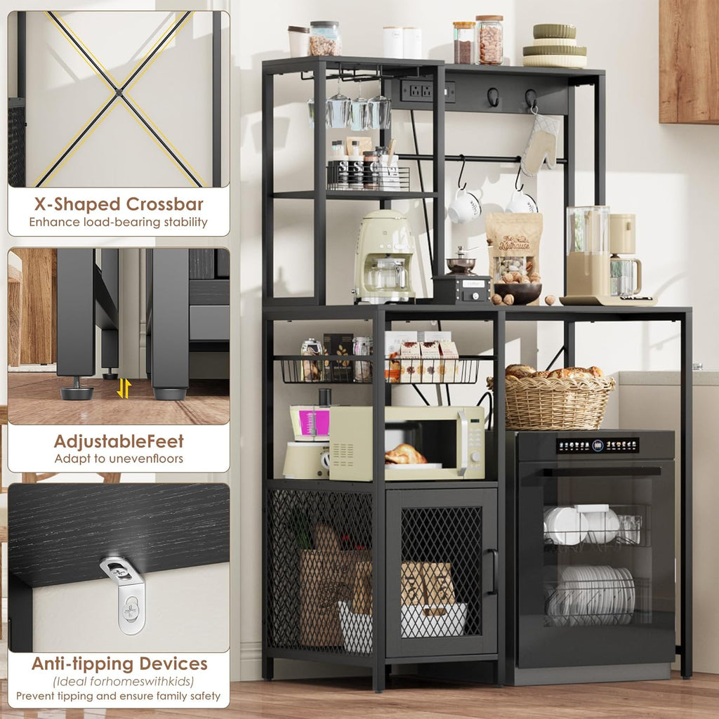 IDEALHOUSE Kitchen Bakers Rack with Refrigerator Storage Space, Industrial Microwave Stand with Power Outlet, Freestanding Kitchen Shelf for Pantry Living Room, 33.9 x 19.7 x 58.1 Inches, Black
