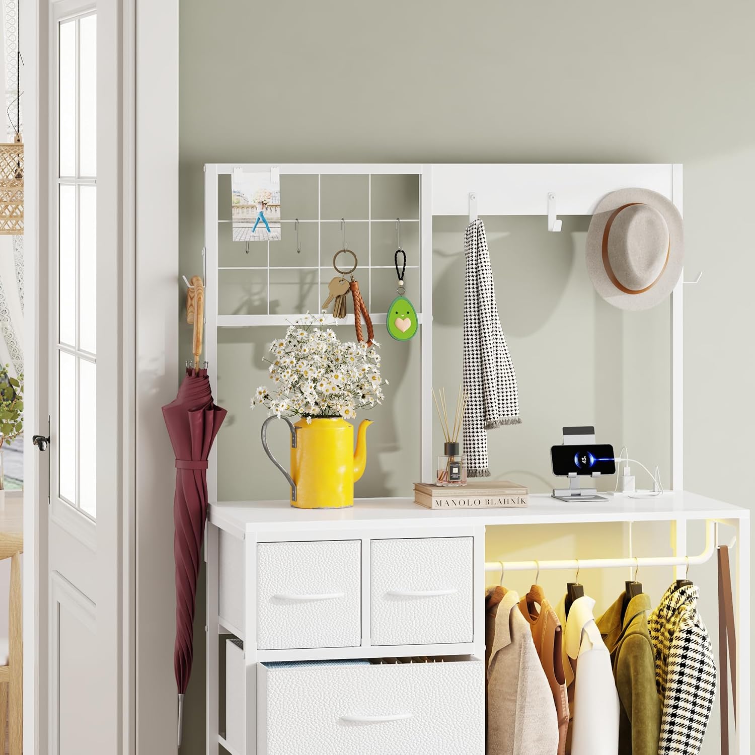 YAOHUOO Dresser with 6 Drawers and Hanging Rack, White | 6 Drawer Dresser, Hanging Rack, Charging Station, LED Light, Shoe Rack, Side Hooks, Entryway, Bedroom