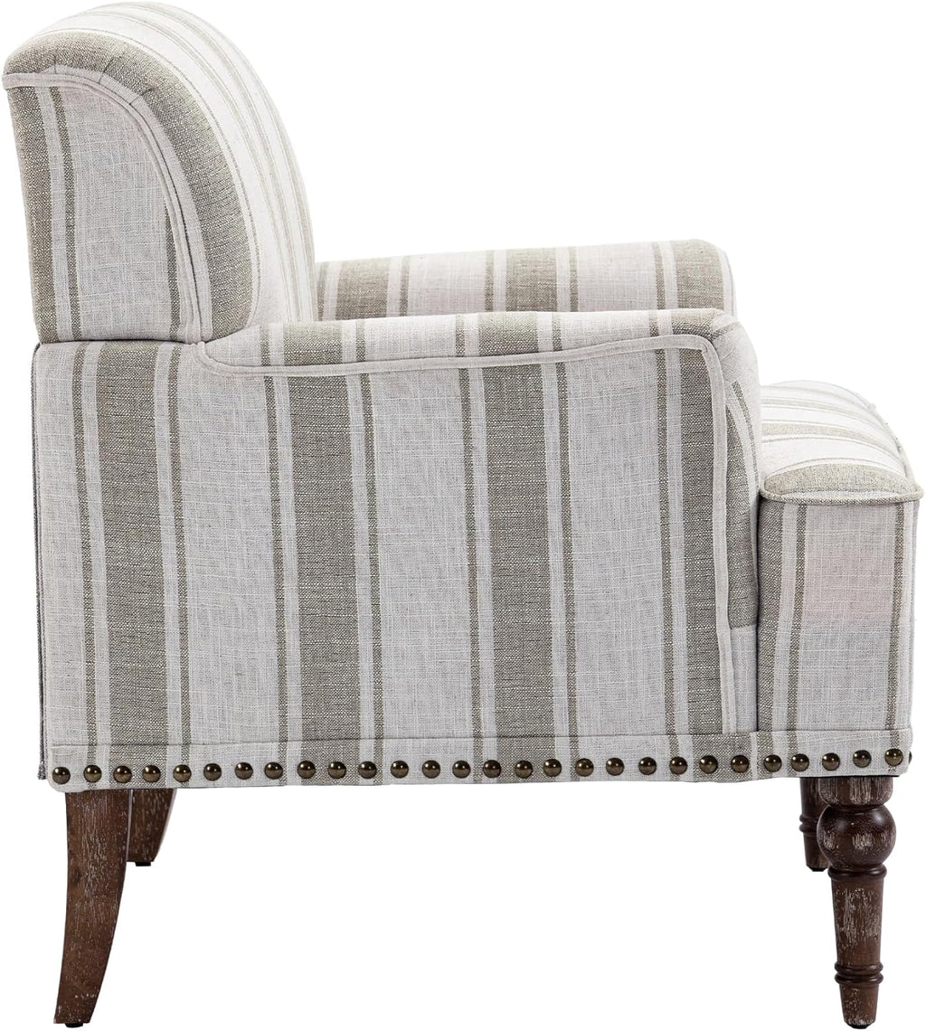 Stripe Accent Chair, Fabric Upholstered Armchair Modern Nailhead Trim Club Arm Chairs for Living Room with Wood Legs, Comfy Single Sofa Seat Bedroom Side Reading Seating - Brown