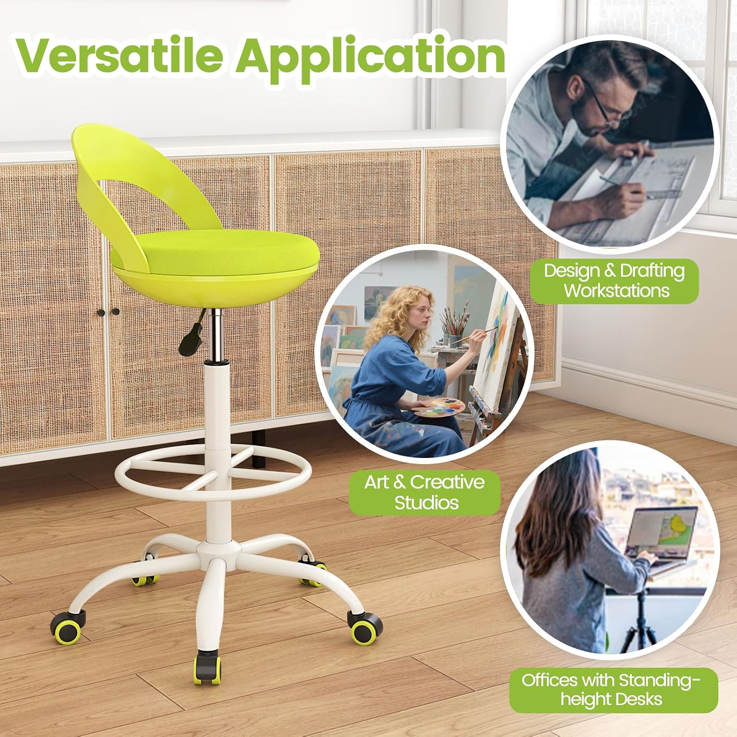 Giantex Drafting Chair with Back, Tall Office Chair with Footrest & Adjustable Height, Ergonomic Standing Desk Chair for Counter Height Desk, Home Kitchen, Green