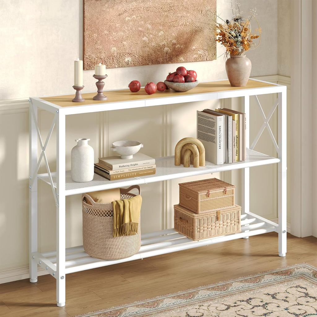 Hoctieon Industrial Console Table, 3 Tier Entryway Tables, Hallway Desk, Narrow Sofa Tables with Shelves, Entrance Table for Entryway, Living Room, Foyer, Hallway, Office, Oak Beige