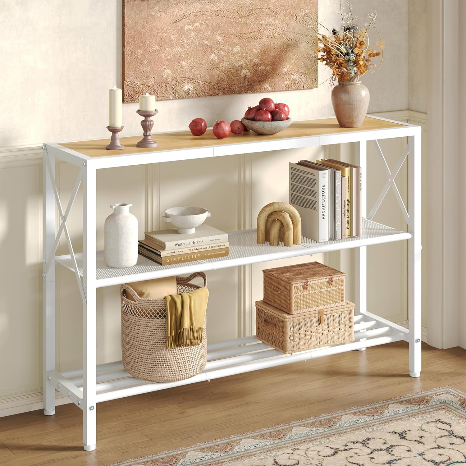 Hoctieon Industrial Console Table, 3 Tier Entryway Tables, Hallway Desk, Narrow Sofa Tables with Shelves, Entrance Table for Entryway, Living Room, Foyer, Hallway, Office, Oak Beige