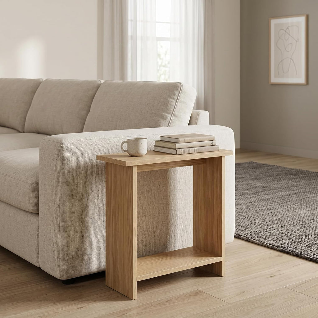 Narrow Side Table for Living Room, Slim End Table for Small Spaces Between Couch, Recliner or Armchair, 2 Tier Skinny Table with Open Shelf, Engineered Wood Sofa Beverage Thin Stand (Natural)