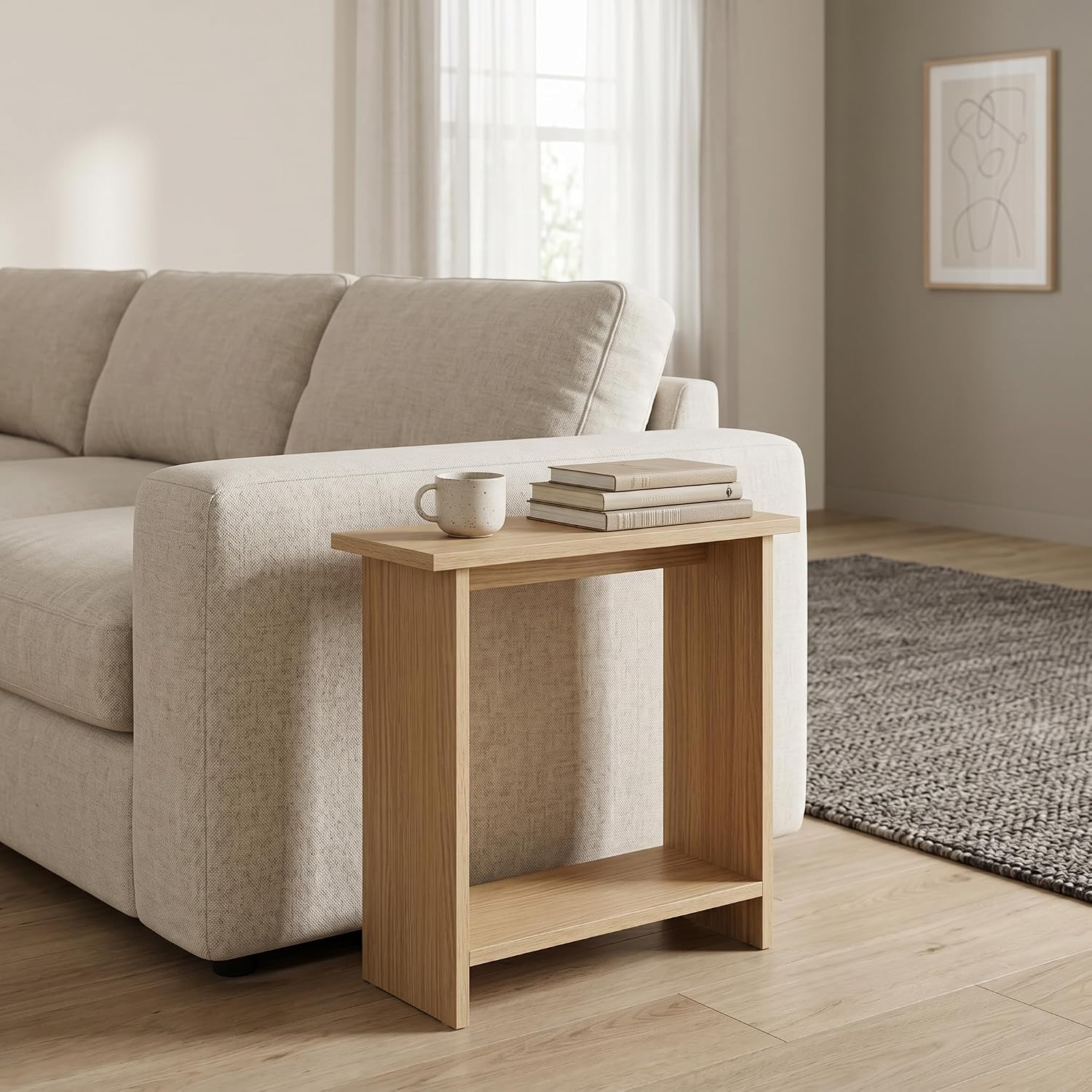 Narrow Side Table for Living Room, Slim End Table for Small Spaces Between Couch, Recliner or Armchair, 2 Tier Skinny Table with Open Shelf, Engineered Wood Sofa Beverage Thin Stand (Natural)