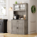 71” Kitchen Pantry Storage Cabinet with Glass Doors and Microwave Stand, Freestanding Tall Kitchen Cabinet with Adjustable Shelves for Dining Room, Grey