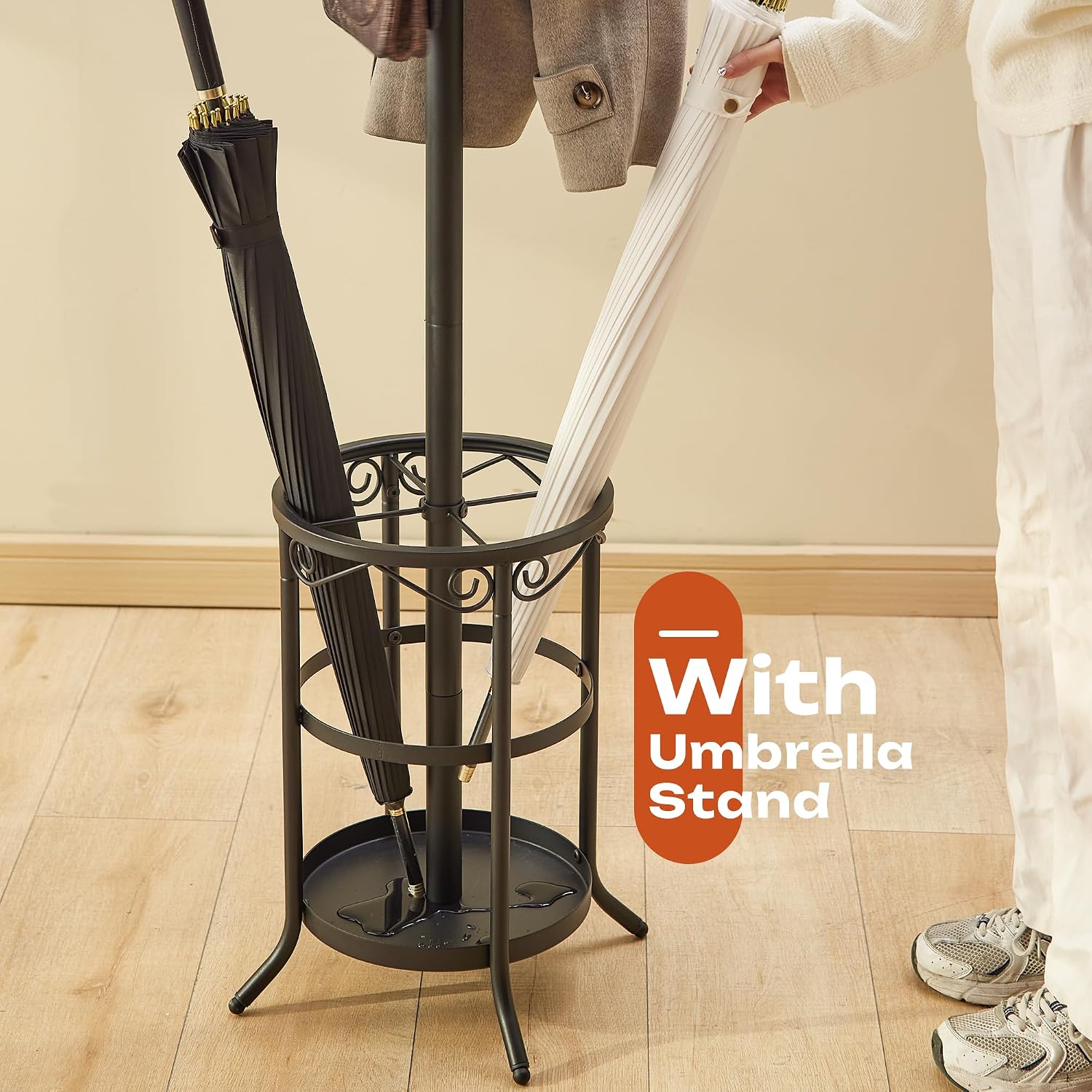 GHWIE Freestanding Coat Rack Stand with Umbrella Holder and Hat Hanger Organizer Rack