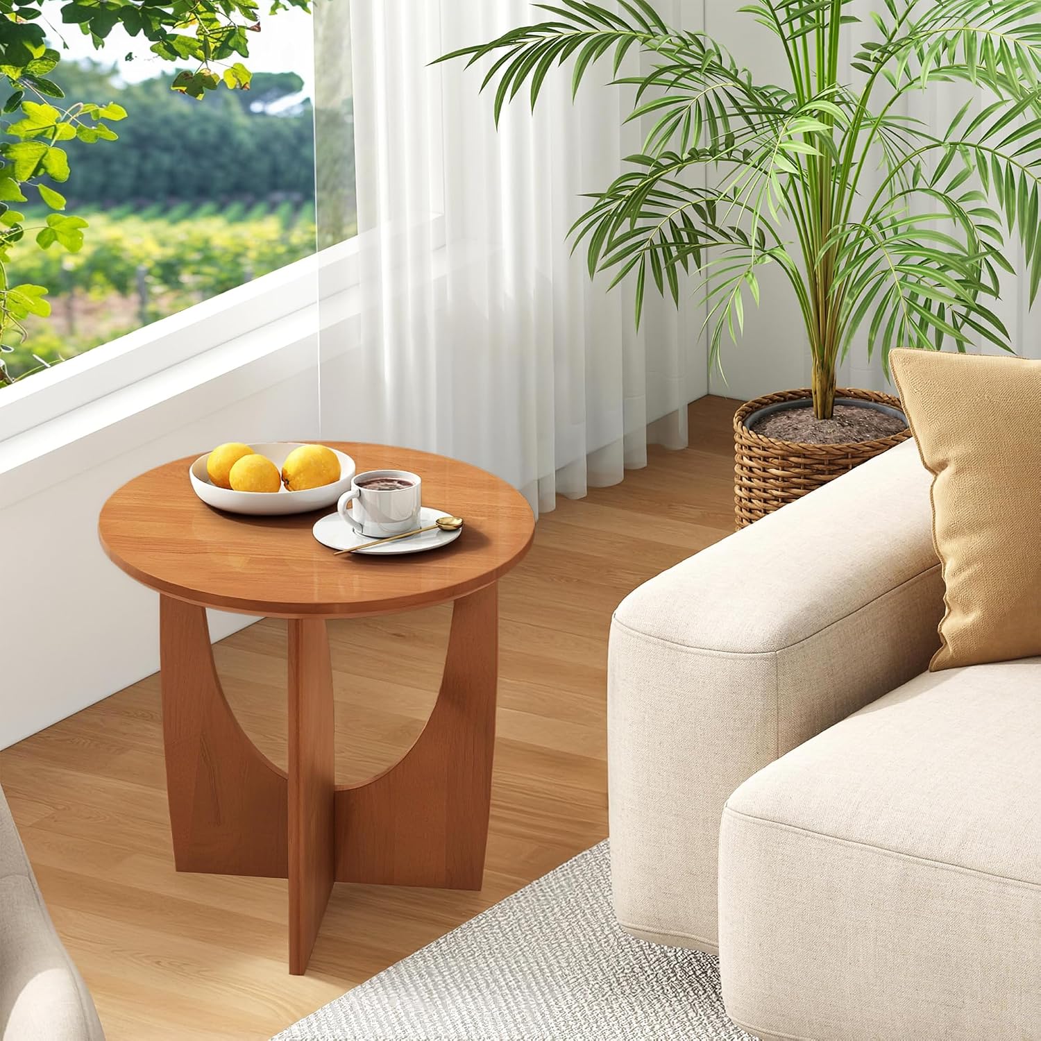 Round End Table, Solid Rubberwood Small Coffee Tables for Living Room, Mid Century Modern End Table for Bedroom, Walnut Color, 19.7''D x 19.7''H