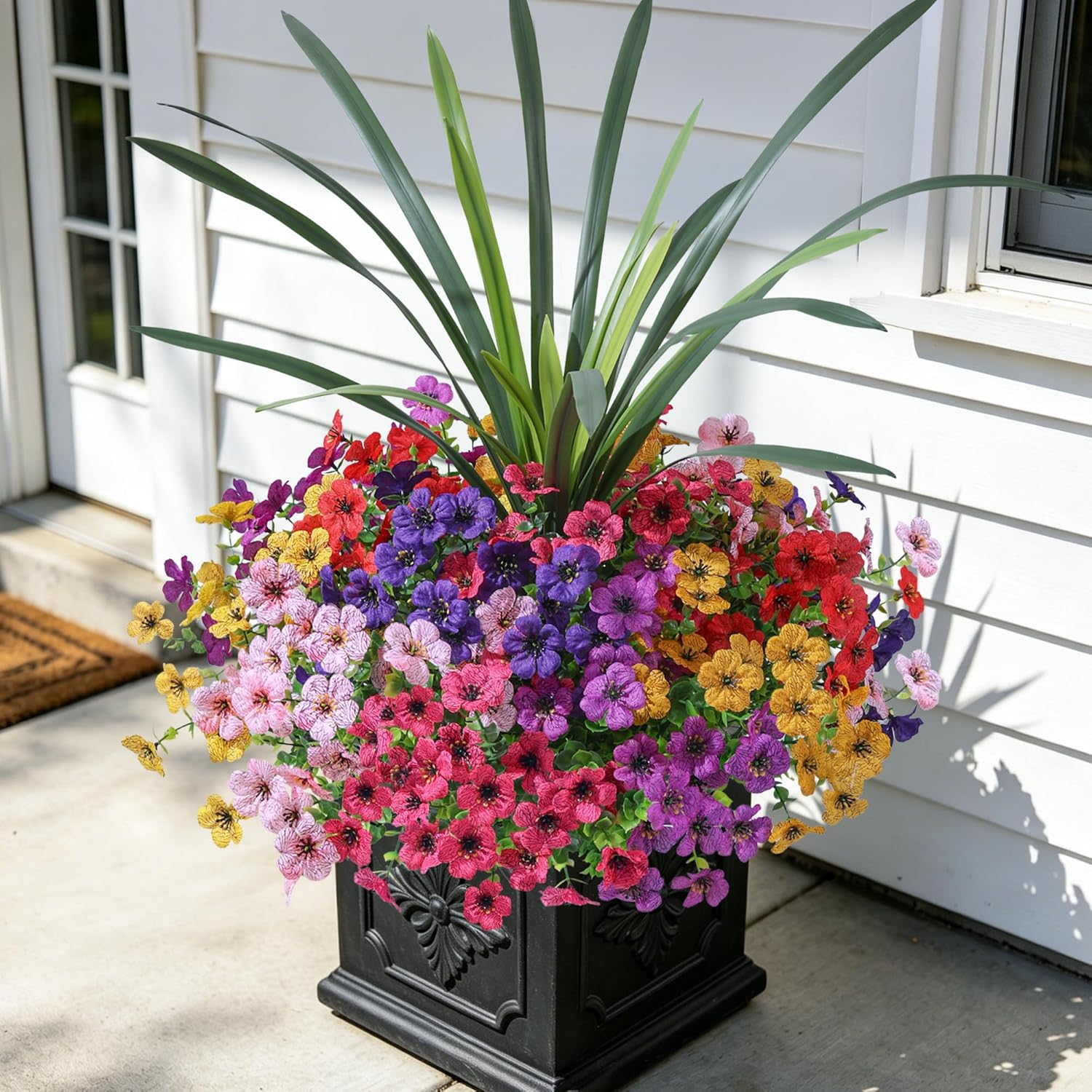 INSPRING Artificial Flowers for Outdoors, UV Resistant 12 Bundles Silk Flower Daisy with Eucalyptus + Orchid Leaf, Realistic Faux Outdoor Flowers for Porch Planter Garden Patio Boxwood (6 Multicolor)
