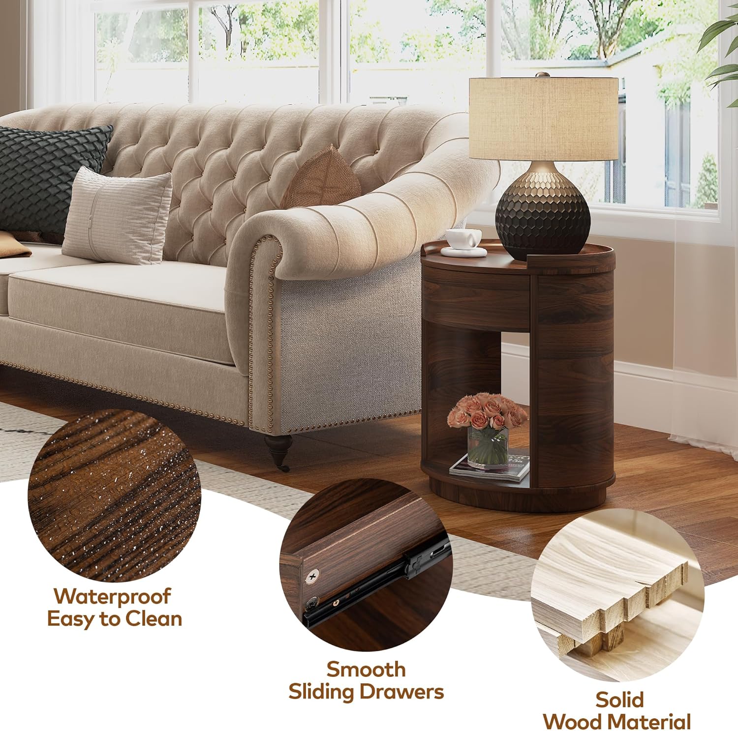 Chogori Solid Wood End Table Set of 2 with Drawer & Storage Shelf – Walnut Round Accent Nightstand, Farmhouse Side Table for Small Spaces, Living Room, Easy Assembly