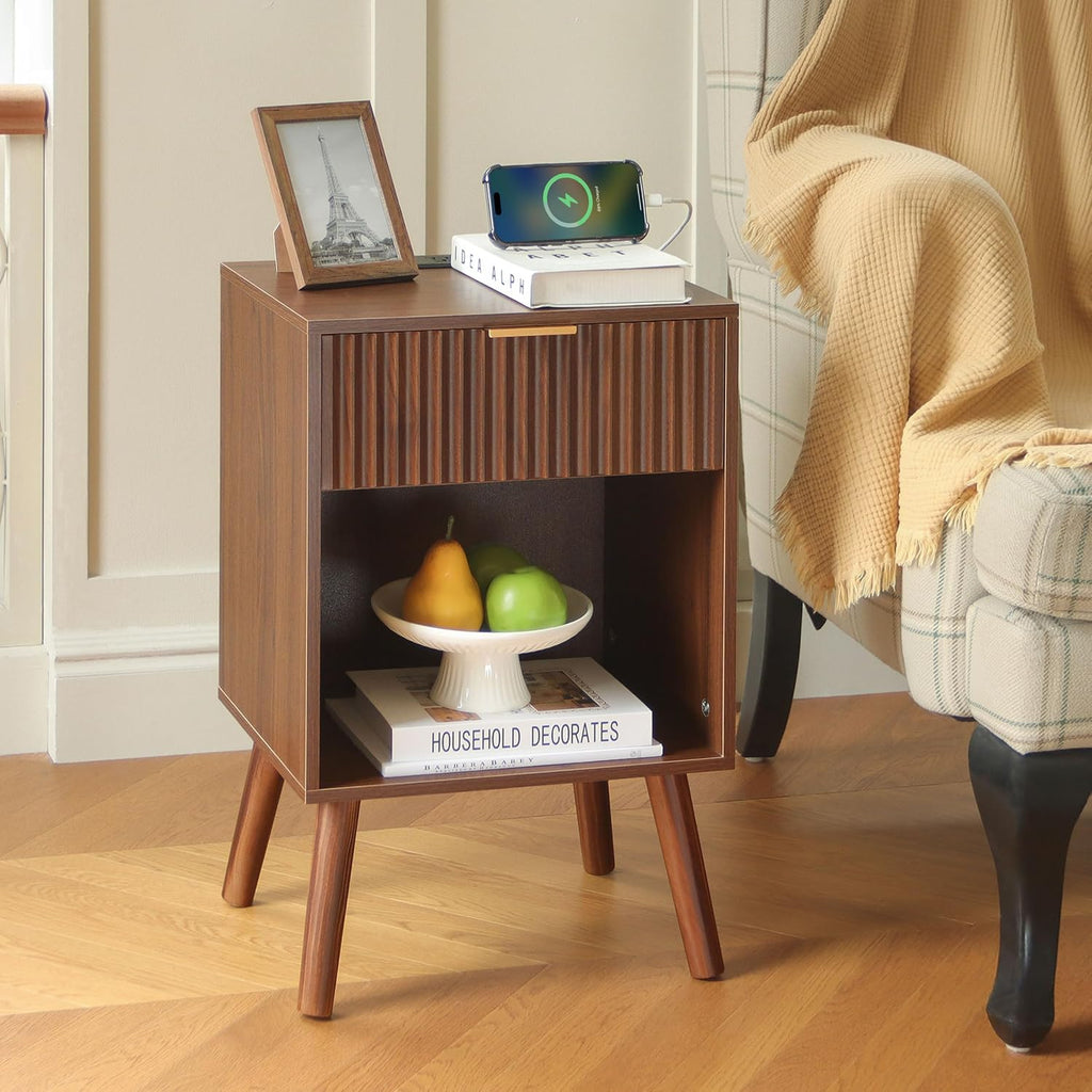 Fultyle Nightstand with Charging Station, Fluted Night Stand with USB and Type C Ports, Mid Century Modern Bedside Table with Drawer and Storage Shelf for Bedroom, Living Room, Office (Walnut Brown)