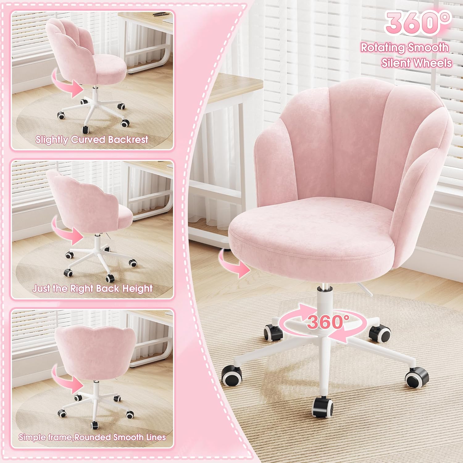 Homkdom Office Vanity Chair with Wheels, Comfy Desk Chair with Back, Armless Home Office Desk Chair Hight Adjustable & 360° Swivel, Makeup Task Chair for Bedroom, Study Room, Blush Pink