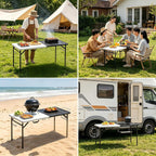 5FT Folding Table Portable Picnic Table with Metal Grid Grilling Surface, Foldable Camping Table Food Prep Station for BBQ, Patio & Beach