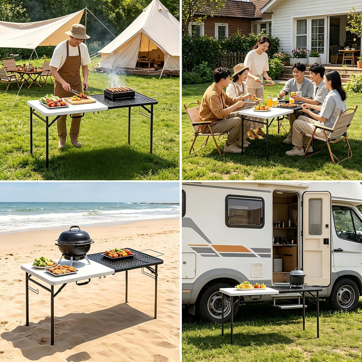 5FT Folding Table Portable Picnic Table with Metal Grid Grilling Surface, Foldable Camping Table Food Prep Station for BBQ, Patio & Beach