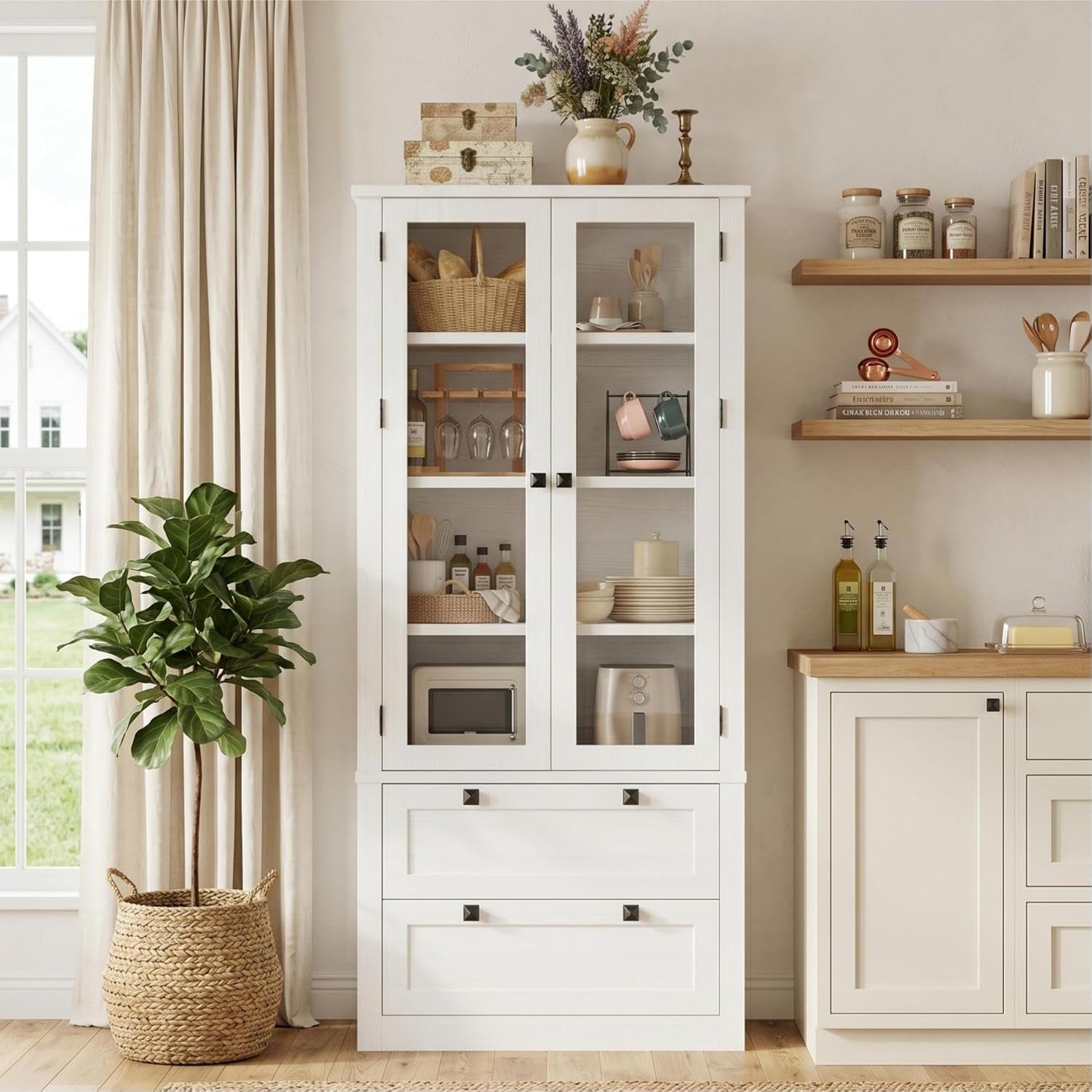 71" Tall Kitchen Pantry Cabinet - Modern Display Storage Cabinet with 2 Large Drawers, Glass Doors, and Adjustable Shelves, Farmhouse Kitchen Cupboard for Dining Room, Bathroom, Living Room, White