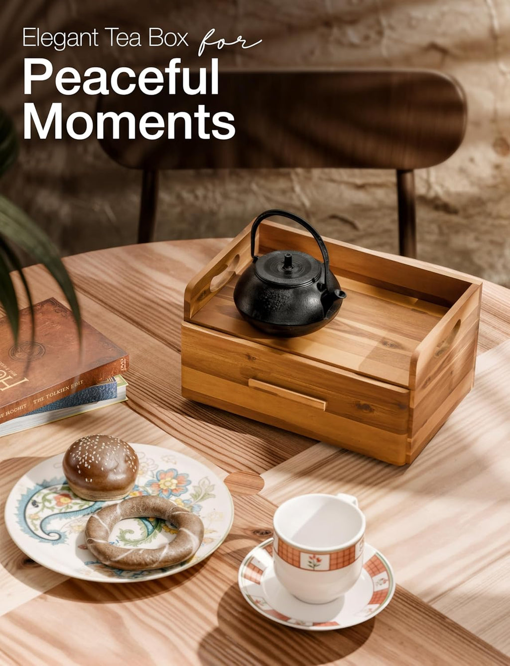 Tinamo Acacia Wooden Tea Box Organizer with Drawer – Tea Chest for Tea Bags Storage – Tea and Coffee Organizer - Wooden Tea Tray and Containers for Countertop Display (Acacia)