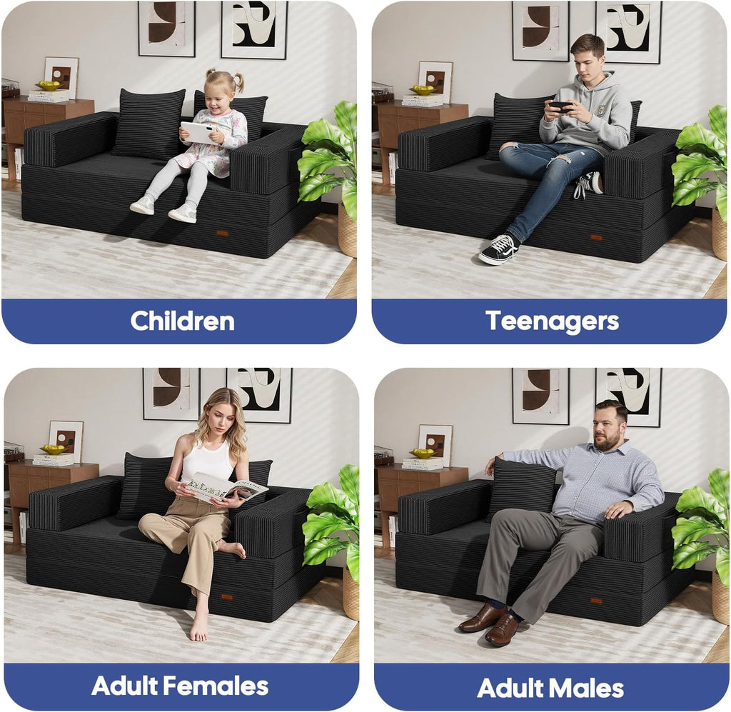 COMAX Futon Sofa Bed, 4‑in‑1 Convertible Sofa Bed, Folding Boneless Couches for Living Room, Fold Out Small Foldable Loveseat Floor Sleeper Comfy Mattress Lounge Space‑Saving, Black