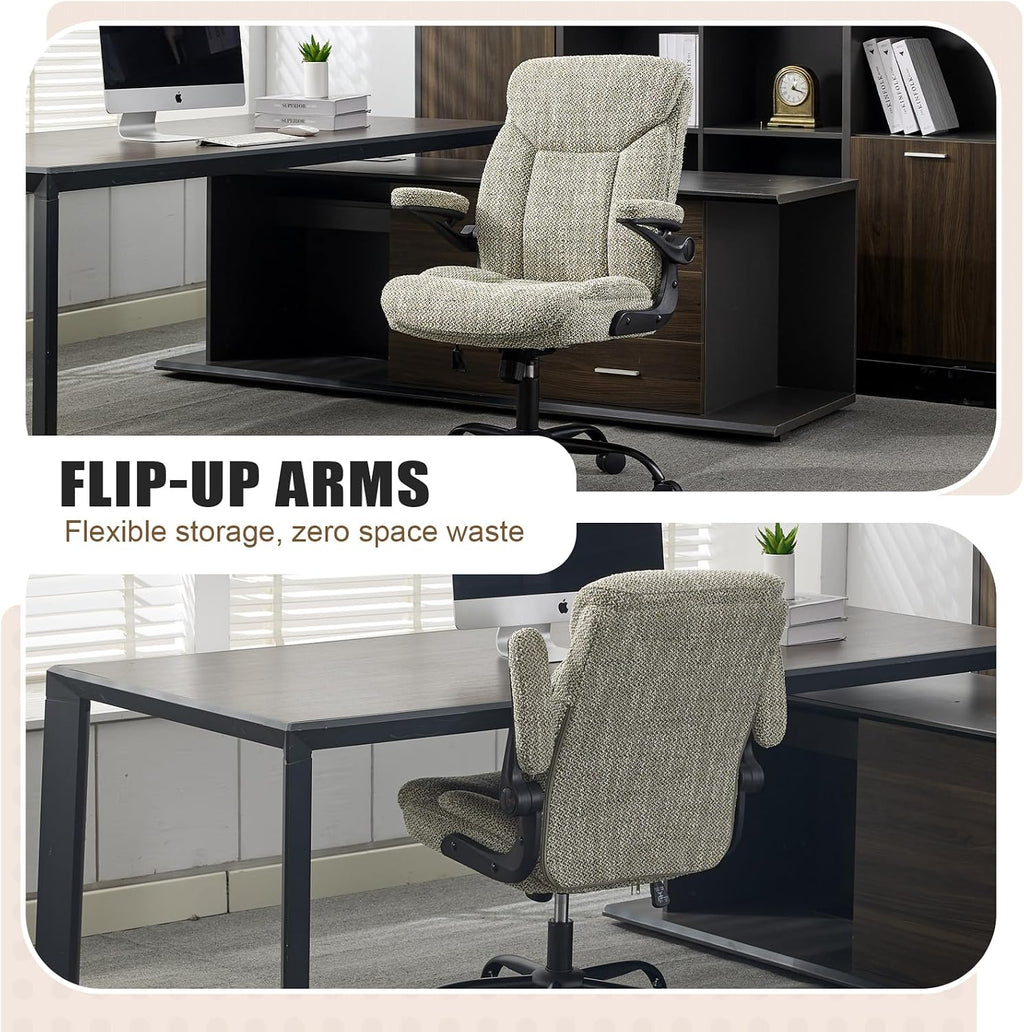 Fabric Executive Office Chair - Ergonomic Computer Chair with Flip-up Arms Comfy Cloth Home Desk Chairs Mid Back Support Adjustable Height Tilt Lock Swivel Rolling Wheels, LightGreen