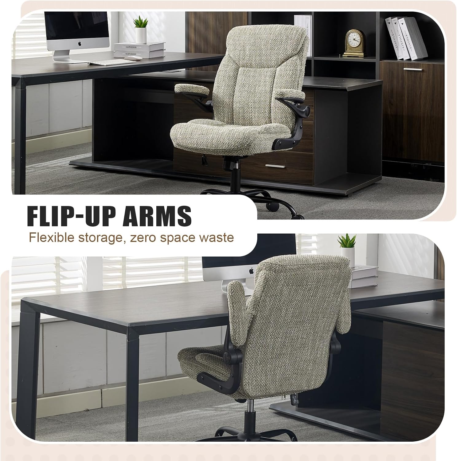 Fabric Executive Office Chair - Ergonomic Computer Chair with Flip-up Arms Comfy Cloth Home Desk Chairs Mid Back Support Adjustable Height Tilt Lock Swivel Rolling Wheels, LightGreen
