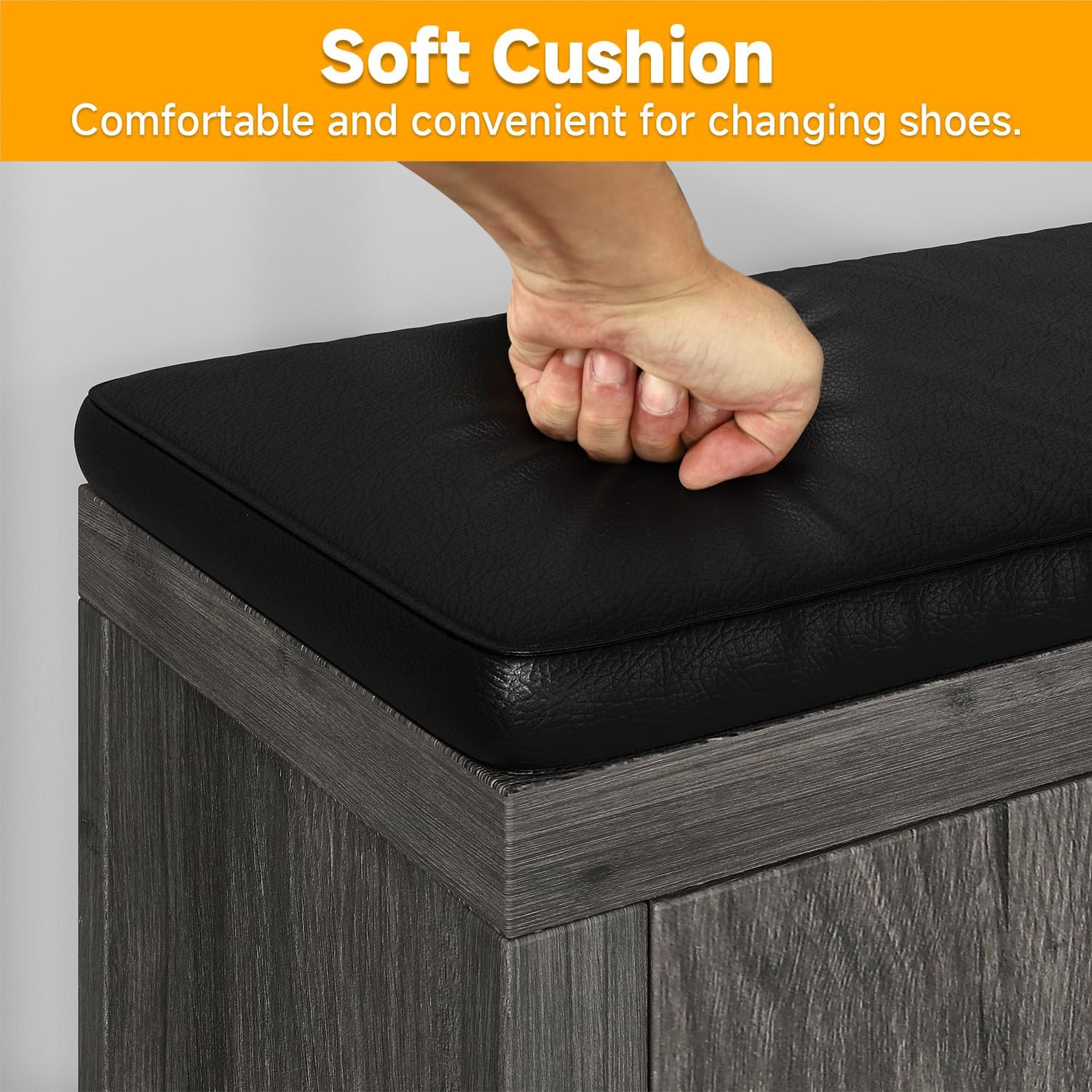 UNIQUITE 40" Shoe Storage Bench with Flip Drawers & Padded Seat Cushion, Open Compartments & Slatted Doors, Entryway Bench with Shoe Storage for Entryway, Hallway, Living Room, Bedroom, Oak Grey