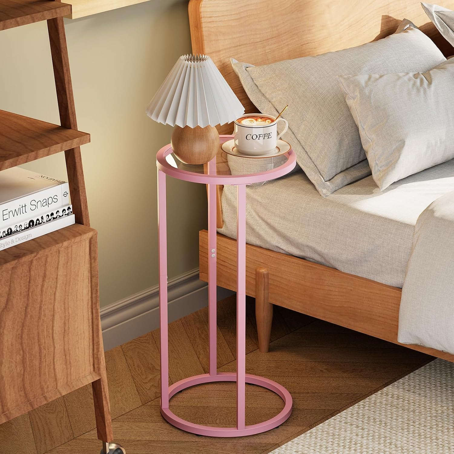 Easy Paws C Table Side End Table, Small Round Couch Sofa Tray Snack Table for Living Room, Bedroom,Accent Coffee Table,TV Tray Table for Small Space, Nightstand with Metal Frame(Pink)