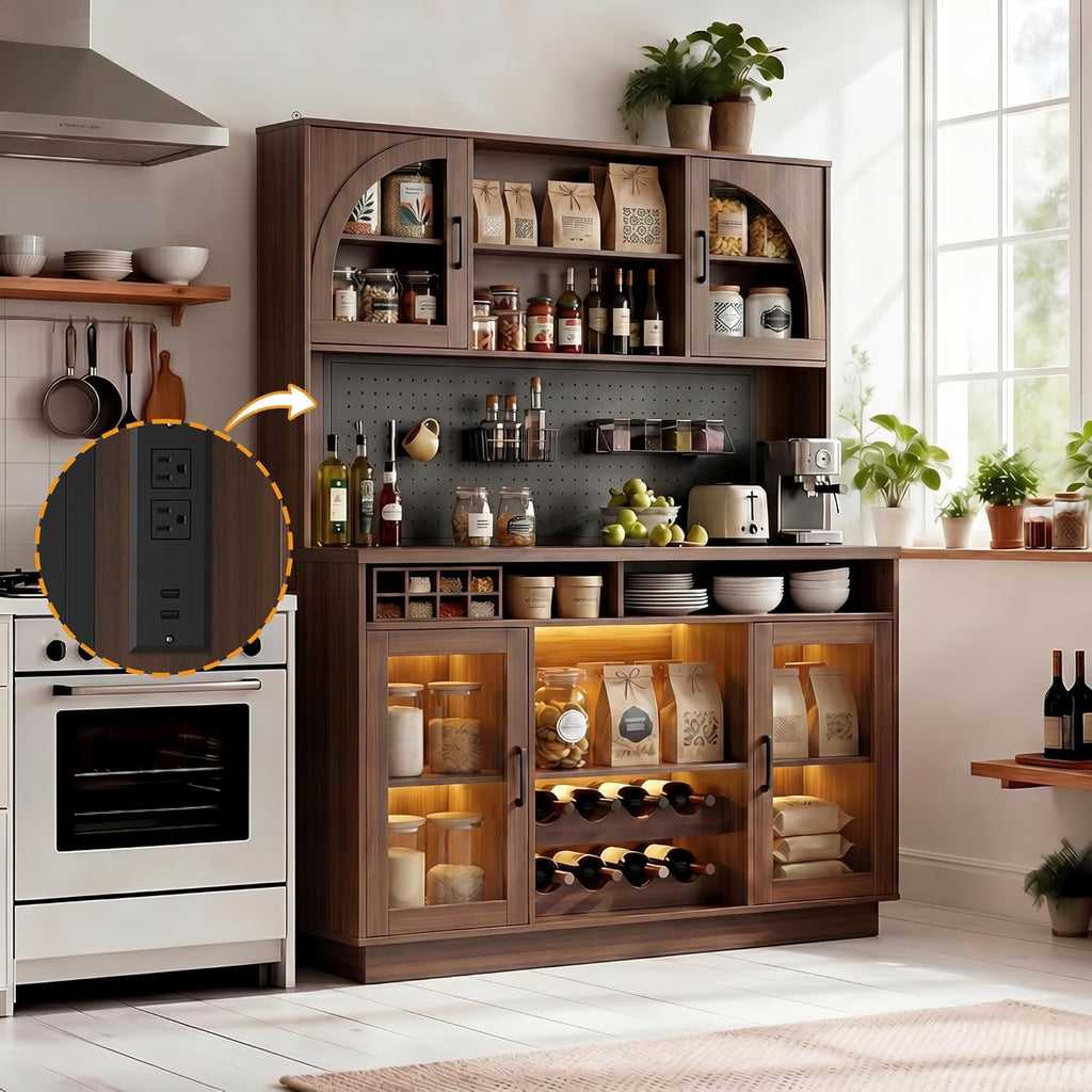 Kitchen Pantry Storage Cabinet with Charging Station, Kitchen Hutch Storage with LED Lights & Pegboard, Freestanding Pantry Cabinet with Adjustable Shelves, Wine Rack for Dining Room (Brown)