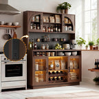Kitchen Pantry Storage Cabinet with Charging Station, Kitchen Hutch Storage with LED Lights & Pegboard, Freestanding Pantry Cabinet with Adjustable Shelves, Wine Rack for Dining Room (Brown)
