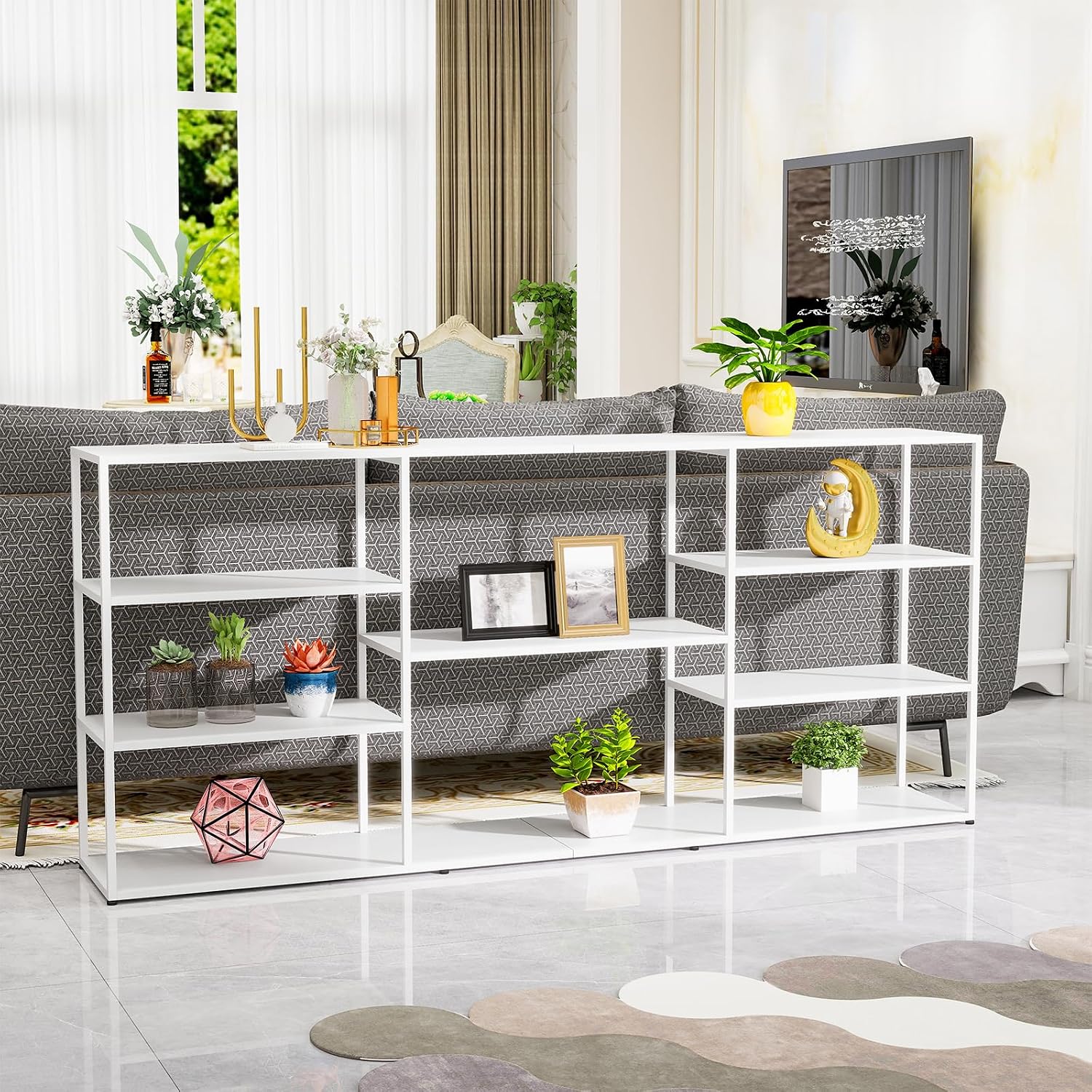 71 Inch Metal Console Table with 8 Storage Shelves,Extra Long Entryway Table,Narrow Sofa Table,Hallway Table for Entrances to Corridor, Foyer,Living Room (White, 70.87×11.81×31.5in)