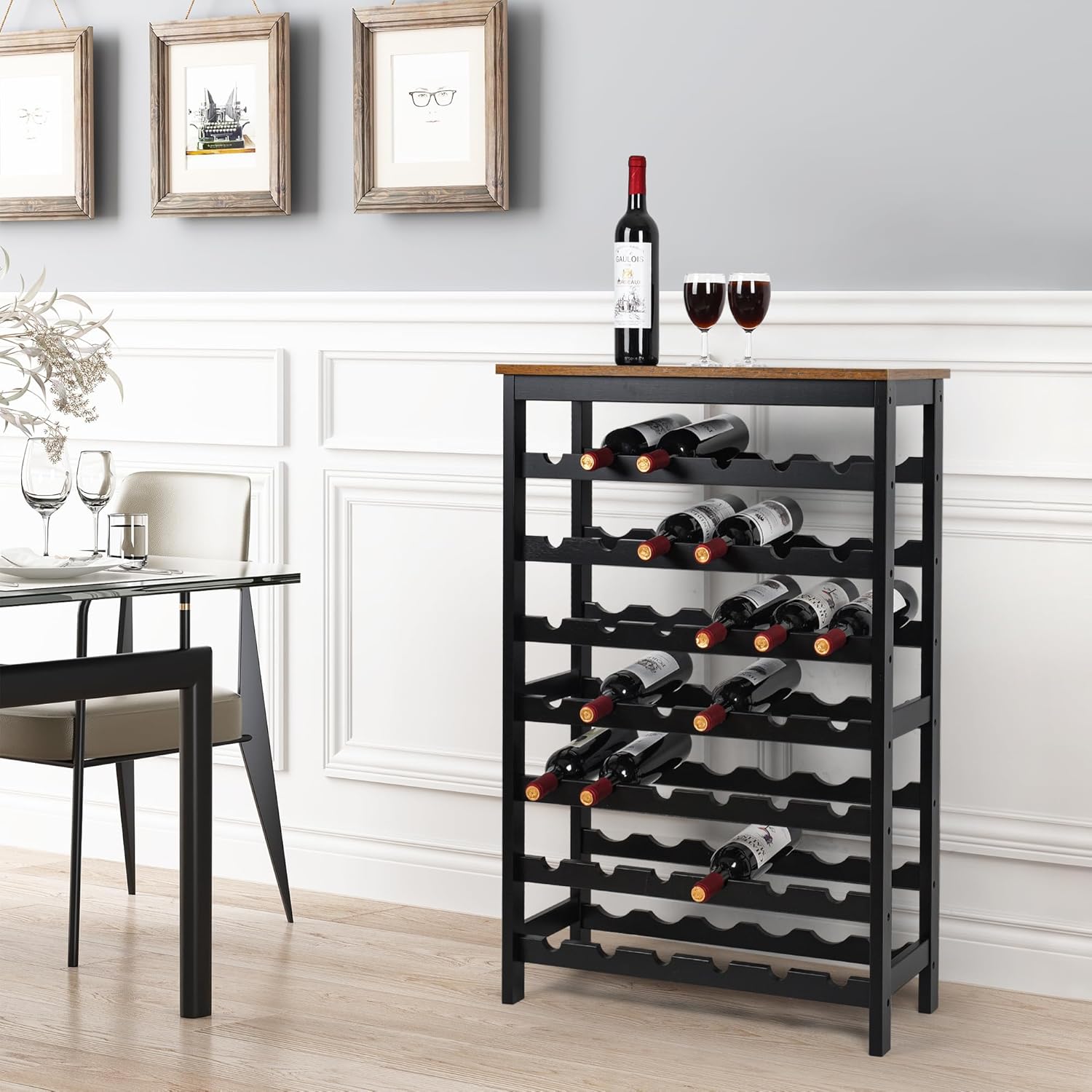 VASMIA 42 Bottles Bamboo Wine Rack,7-Tier Wine Rack Freestanding Floor with Table Top, Wine Storage Shelf for Kitchen Dining Room Bar,Rustic Brown and Black