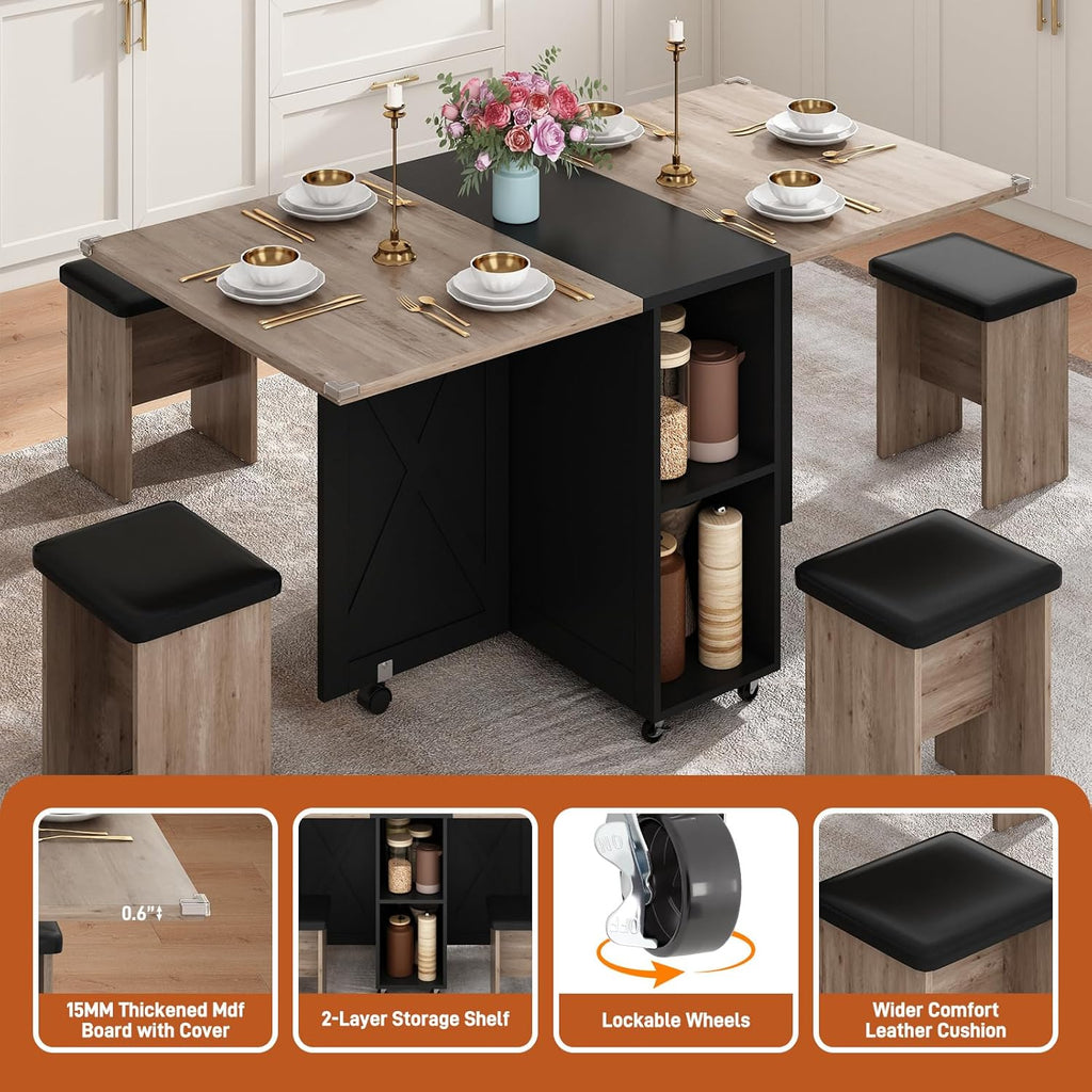 5 PCS Farmhouse Dining Table Set for 4,60" Large Folding Dining Table Set w/ 4 Leather Chairs, Drop Leaf Foldable Kitchen Table for Small Spaces,Barn Door Design,6 Wheels,2-Layer Storage Shelf,Black