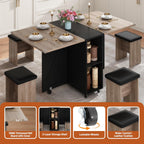 5 PCS Farmhouse Dining Table Set for 4,60" Large Folding Dining Table Set w/ 4 Leather Chairs, Drop Leaf Foldable Kitchen Table for Small Spaces,Barn Door Design,6 Wheels,2-Layer Storage Shelf,Black