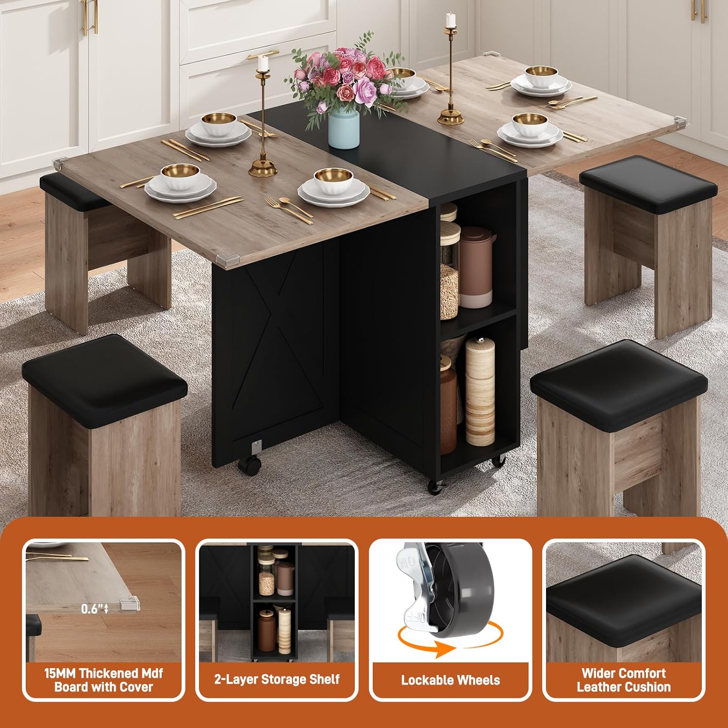5 PCS Farmhouse Dining Table Set for 4,60" Large Folding Dining Table Set w/ 4 Leather Chairs, Drop Leaf Foldable Kitchen Table for Small Spaces,Barn Door Design,6 Wheels,2-Layer Storage Shelf,Black