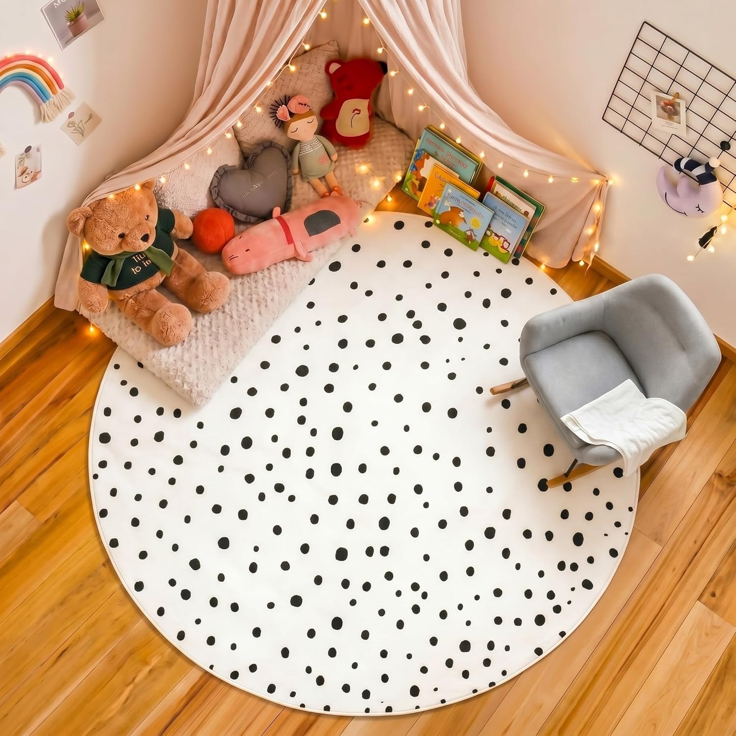 5.9 ft Circular Rug Washable Non-Slip Crawling Play Mat Round Rug Circle Back to School Reading Calming Corner Decor for Teaching and Playroom Bedroom Decorations(Dotty)