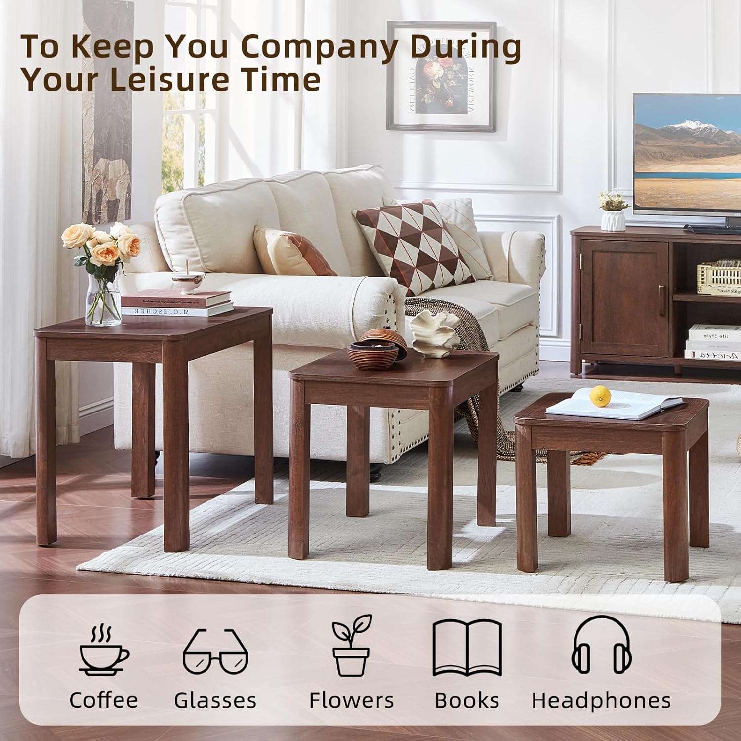Joaxswe Farmhouse Nesting Tables Set of 3, Living Room Table Set with Rounded Corners & 4 Thickened Table Legs, Walnut