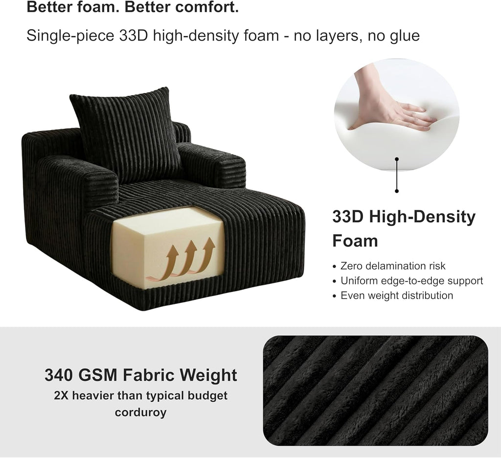 Chaise Lounge Chair, Plush Velvet Corduroy Boneless Sofa Bed for Kids, Teens & Adults, Compact Deep Seat for Bedroom Playroom Dorm & Small Apartment, 33D Foam, Anti-Skid, Black