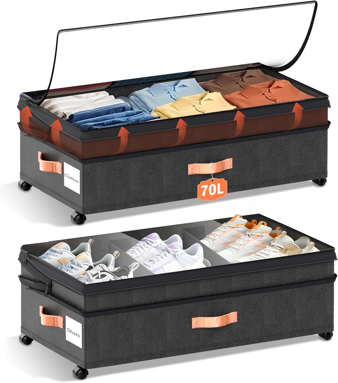 Under Bed Storage with Wheels, 2 Pack 70L Extra Large Rolling Underbed Organizer Bins with Lids, Heavy-Duty Foldable Container for Clothes, Shoes, Blankets, Fits 10“+ Clearance (Black)