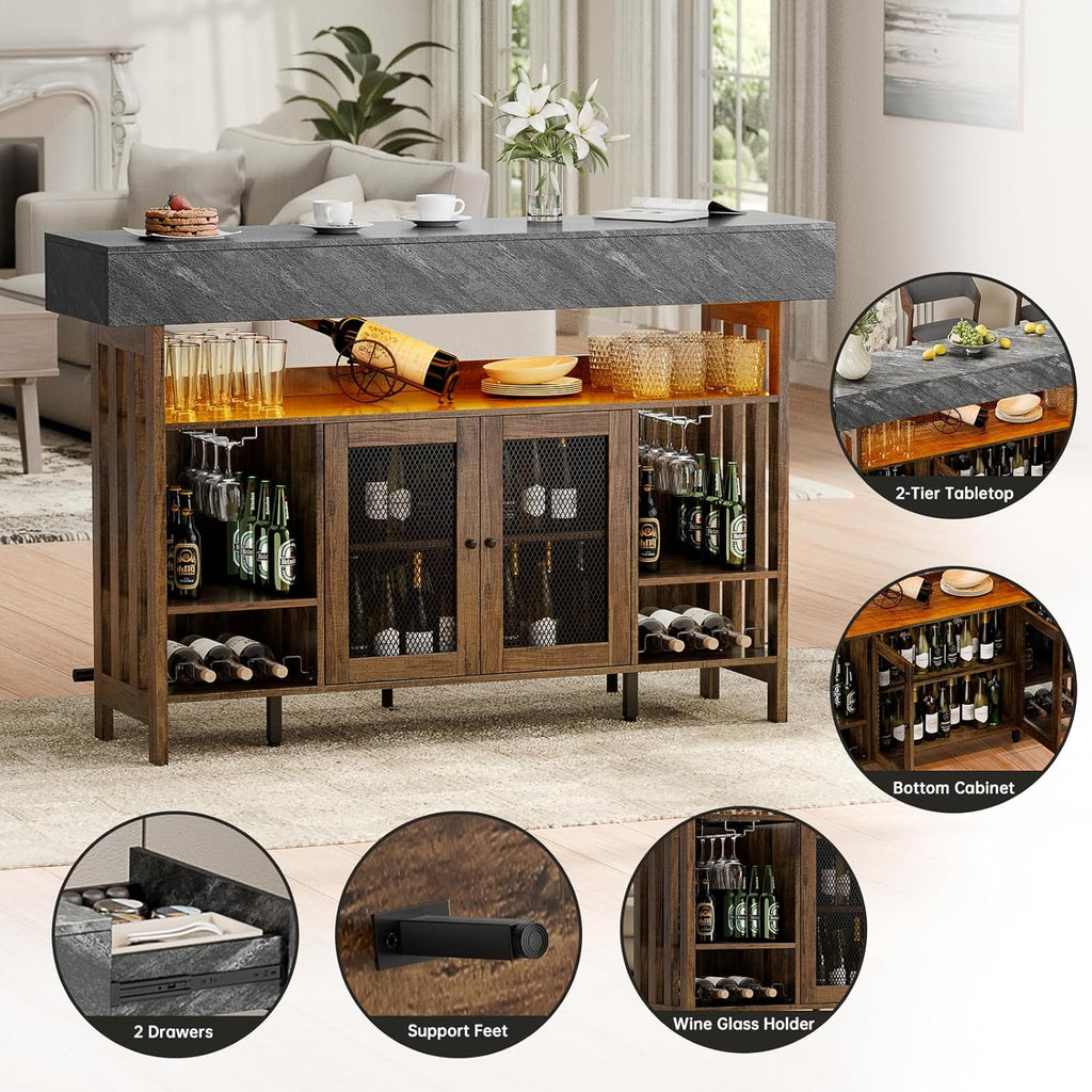 Loomie Bar Table Cabinet with Grey Marble Top & LED Lights & 2 Drawers, Home Bar Unit with Adjustable Shelf & Footrest, 41.3" Counter Height Pub Table, Wine Liquor Bar for Home Pub (Rustic Brown)