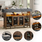 Loomie Bar Table Cabinet with Grey Marble Top & LED Lights & 2 Drawers, Home Bar Unit with Adjustable Shelf & Footrest, 41.3" Counter Height Pub Table, Wine Liquor Bar for Home Pub (Rustic Brown)