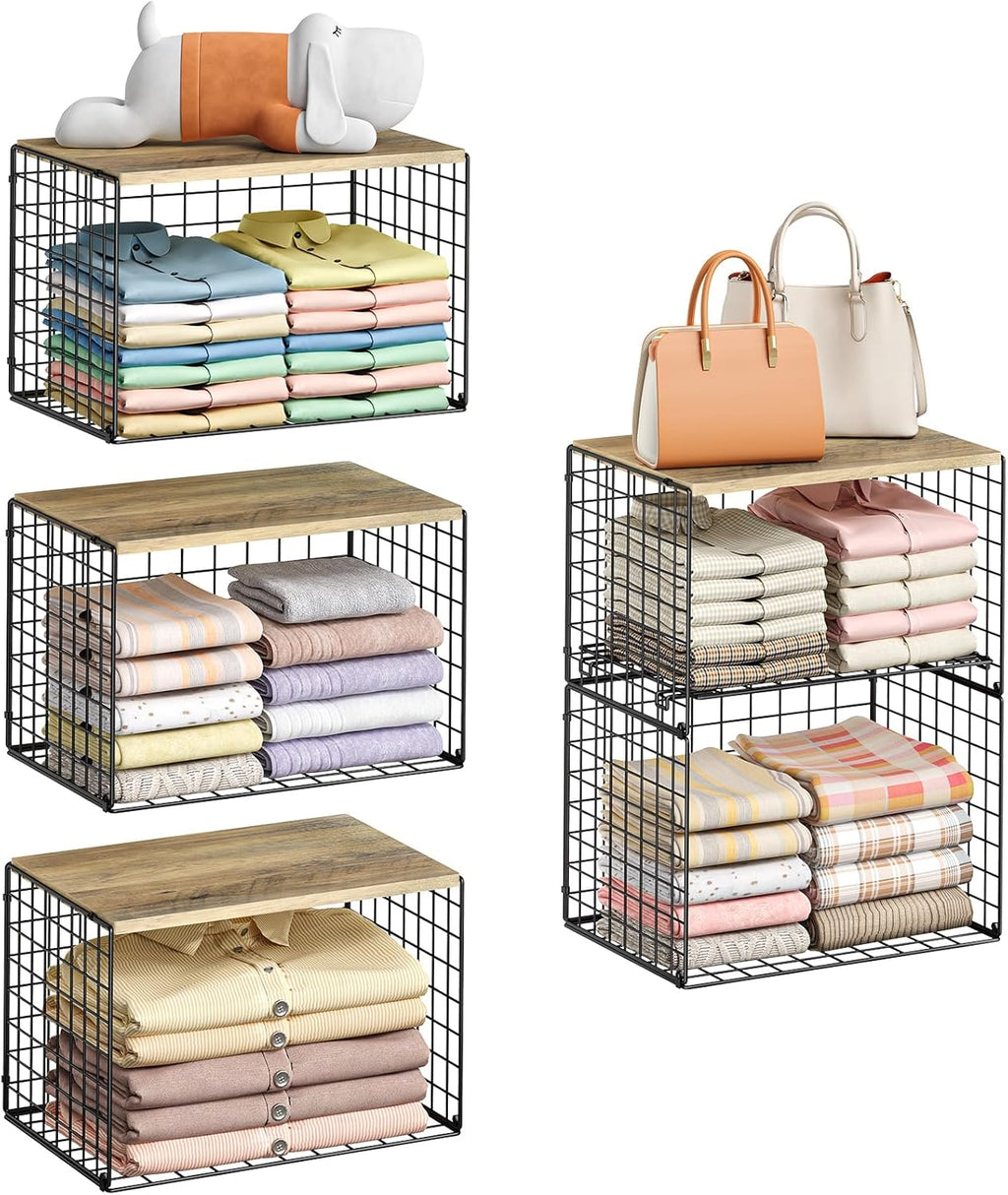 5-Tier Large Stackable Closet Organizer and Storage Basket, Sturdy Closet Shelf Organizer with Wood Top, Stackable Storage Bins Cubes for Clothes with Adjustable Shelf for Wardrobe Organization