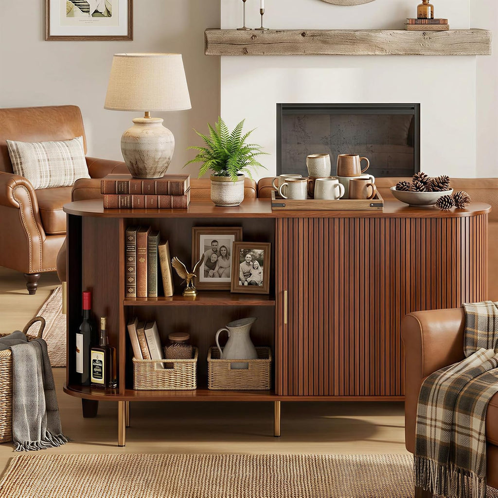 Sideboard Buffet Cabinet with Storage, 55 Inch Mid Century Modern Fluted Credenza with Sliding Door & Adjustable Shelf, Coffee Bar Cabinet for Kitchen, Living Room, Entryway