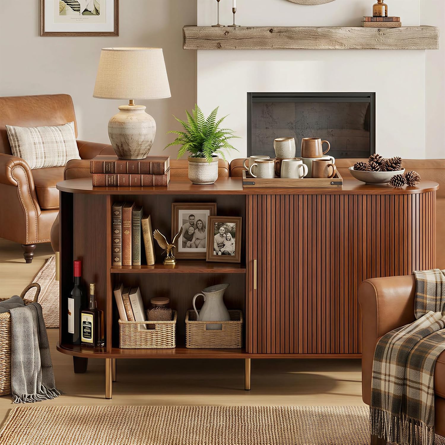 Sideboard Buffet Cabinet with Storage, 55 Inch Mid Century Modern Fluted Credenza with Sliding Door & Adjustable Shelf, Coffee Bar Cabinet for Kitchen, Living Room, Entryway