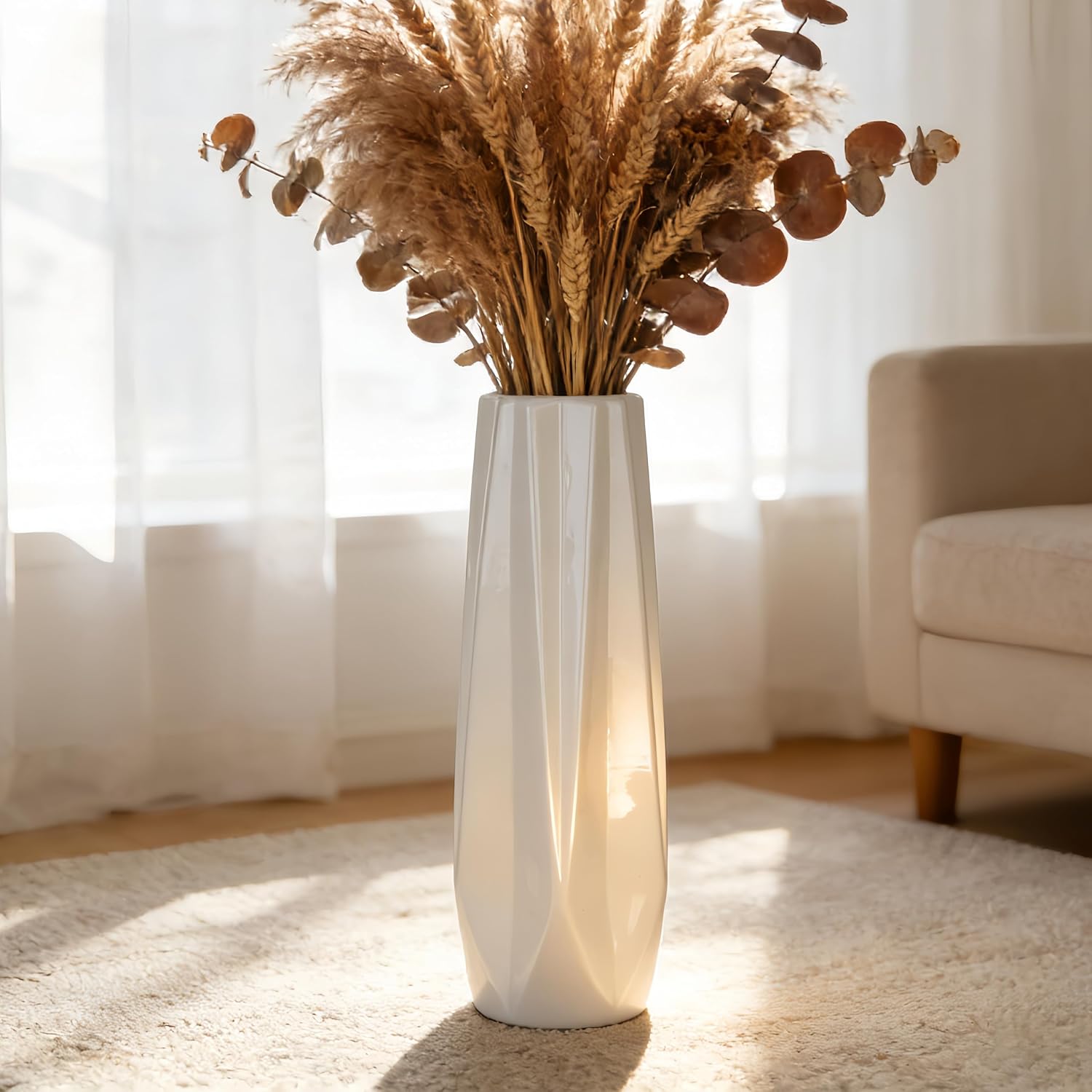 Ceramic Tall Floor Vase, White 17.7" Large Flower Vase Decorative Vases for Pampas Grass Living Room Modern Home Decor Office Bedroom Kitchen Wedding House Décor, Gift for Wedding Housewarming