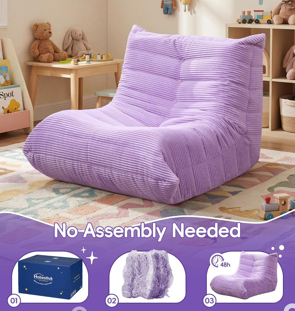 Hobestluk Large Bean Bag Chair for Teens Beanbag Couch with Spacious Design | Toddler Bean Bag Chair, Memory Foam Filler, Corduroy Cover, Ergonomic Design, For Reading, Gaming, Lounging, Large, Purple