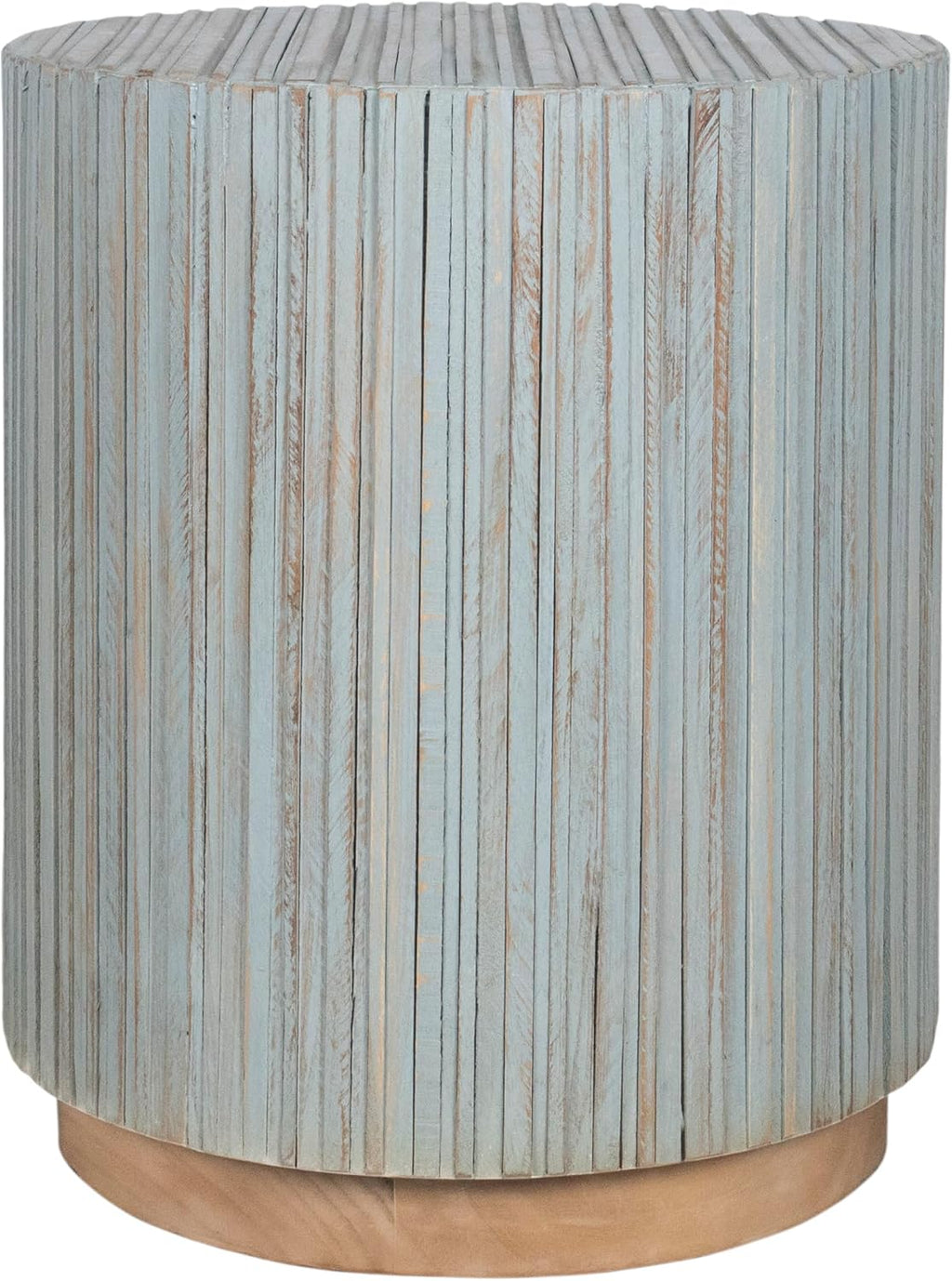 East at Main Monroe Blue Wash Teak End Table – Round Accent Table for Living Room, Bedroom, or Entryway – Solid Wood Handmade Nightstand for Coastal, Boho, and Modern Farmhouse Décor
