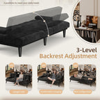 Shintenchi Futon Sofa Bed, Velvet Foldable Couch, Reclining Sleeper with Removable Armrests, Upholstered Loveseat Sofa Couch with Folding Cup Holders for Home, Office, Black