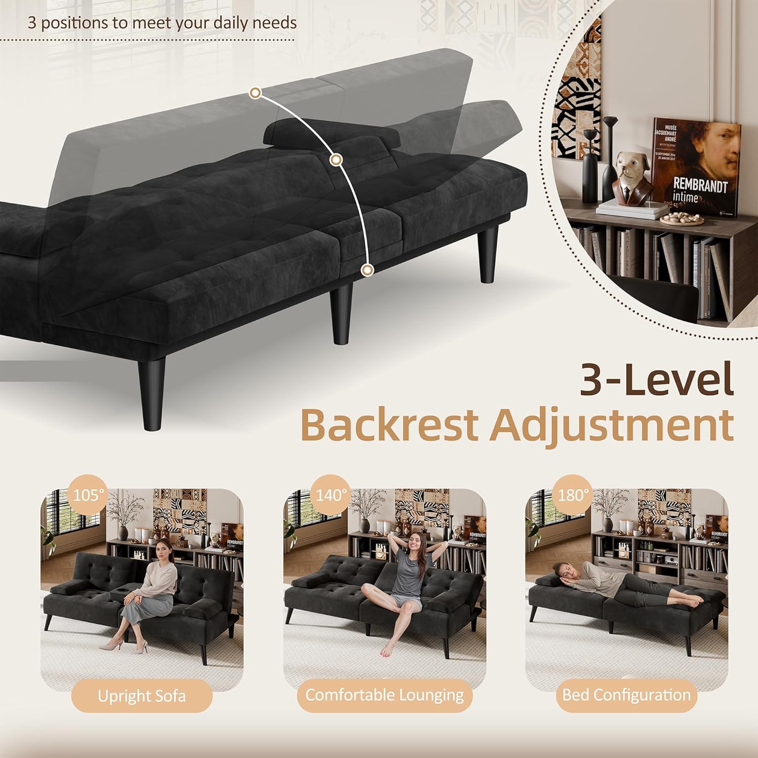 Shintenchi Futon Sofa Bed, Velvet Foldable Couch, Reclining Sleeper with Removable Armrests, Upholstered Loveseat Sofa Couch with Folding Cup Holders for Home, Office, Black