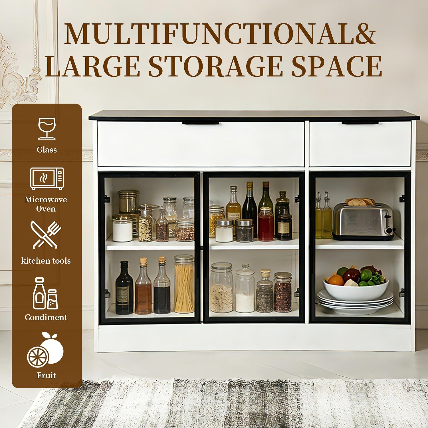 Buffet Cabinet with Drawers, Buffet Storage Cabinet with Transparent Glass Doors, Kitchen Supplies Storage Cabinet, Wooden Coffee Bar Table for Dining Room,Living Room Entrance, White