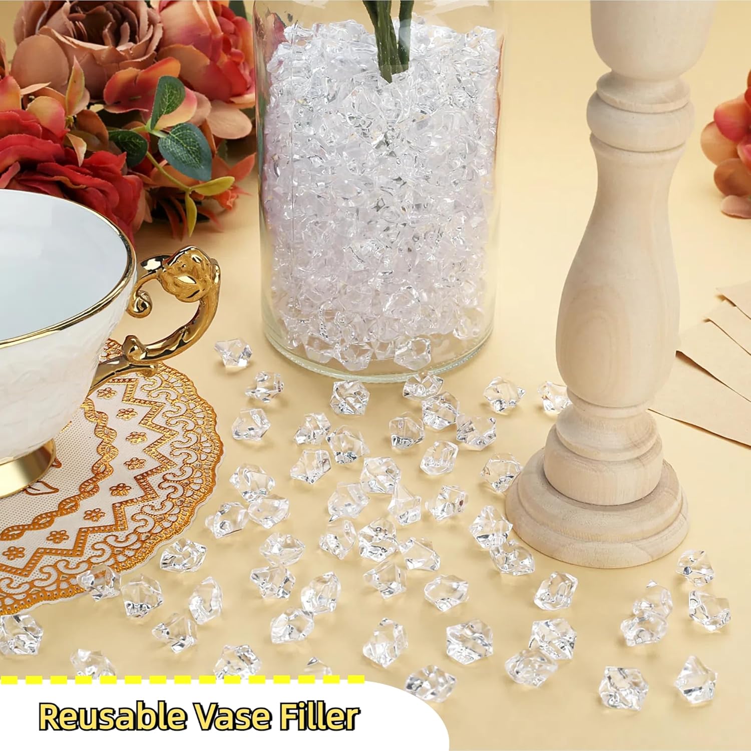YATOJUZI 500pcs Fake Ice Cubes Clear Vase Fillers Fish Tank Aquarium Decorations DIY Craft Accessories Acrylic Crushed Rocks Plastic Diamonds Gems for Dinning Table Centerpiece Wedding Birthday Party