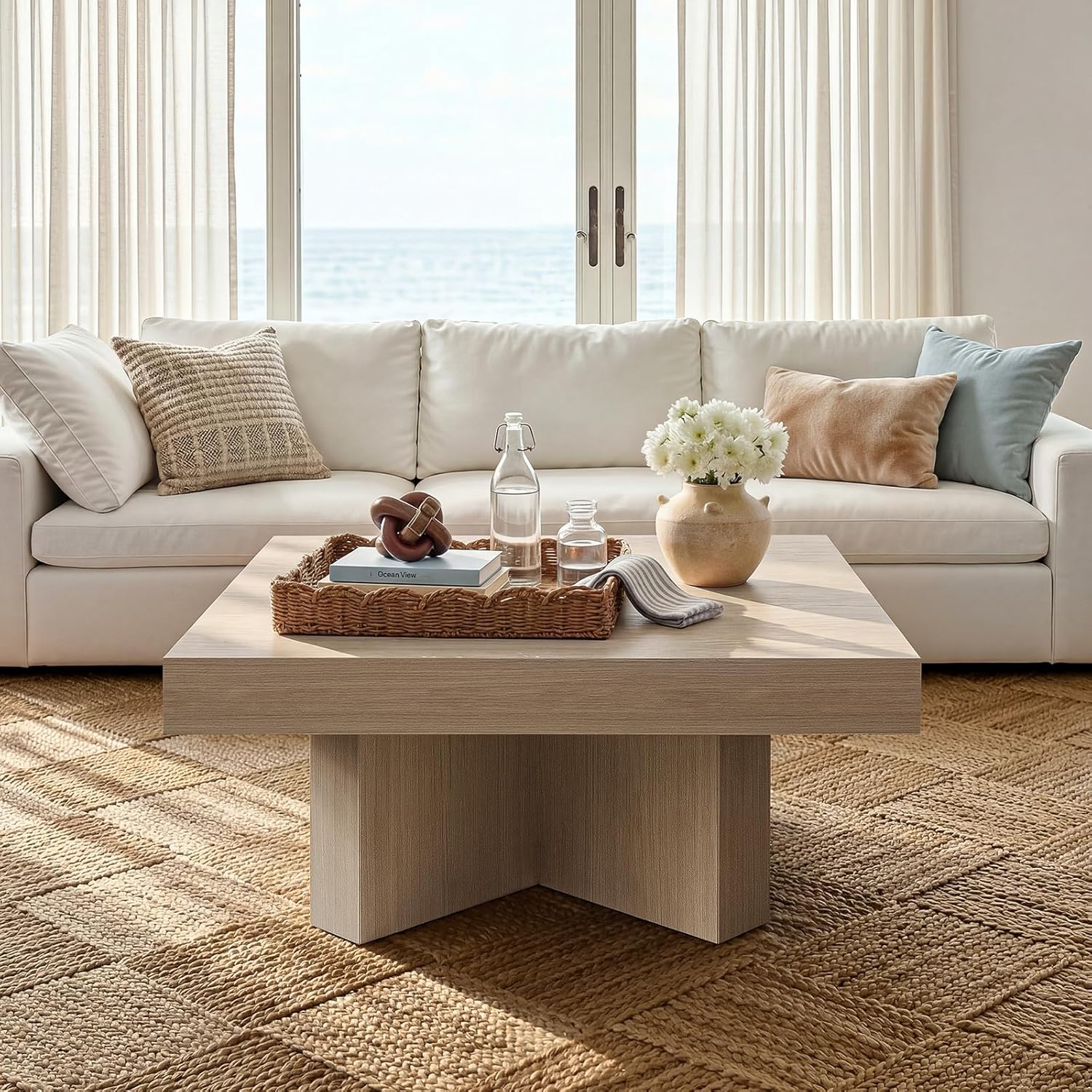 ModernMate 33.4 Inches Square Coffee Table for Living Room, Wood Center Table with a Large Tabletop and Wooden Pedestal Base for Apartments, Easy Assembly, Rectangle, White Oak Gray