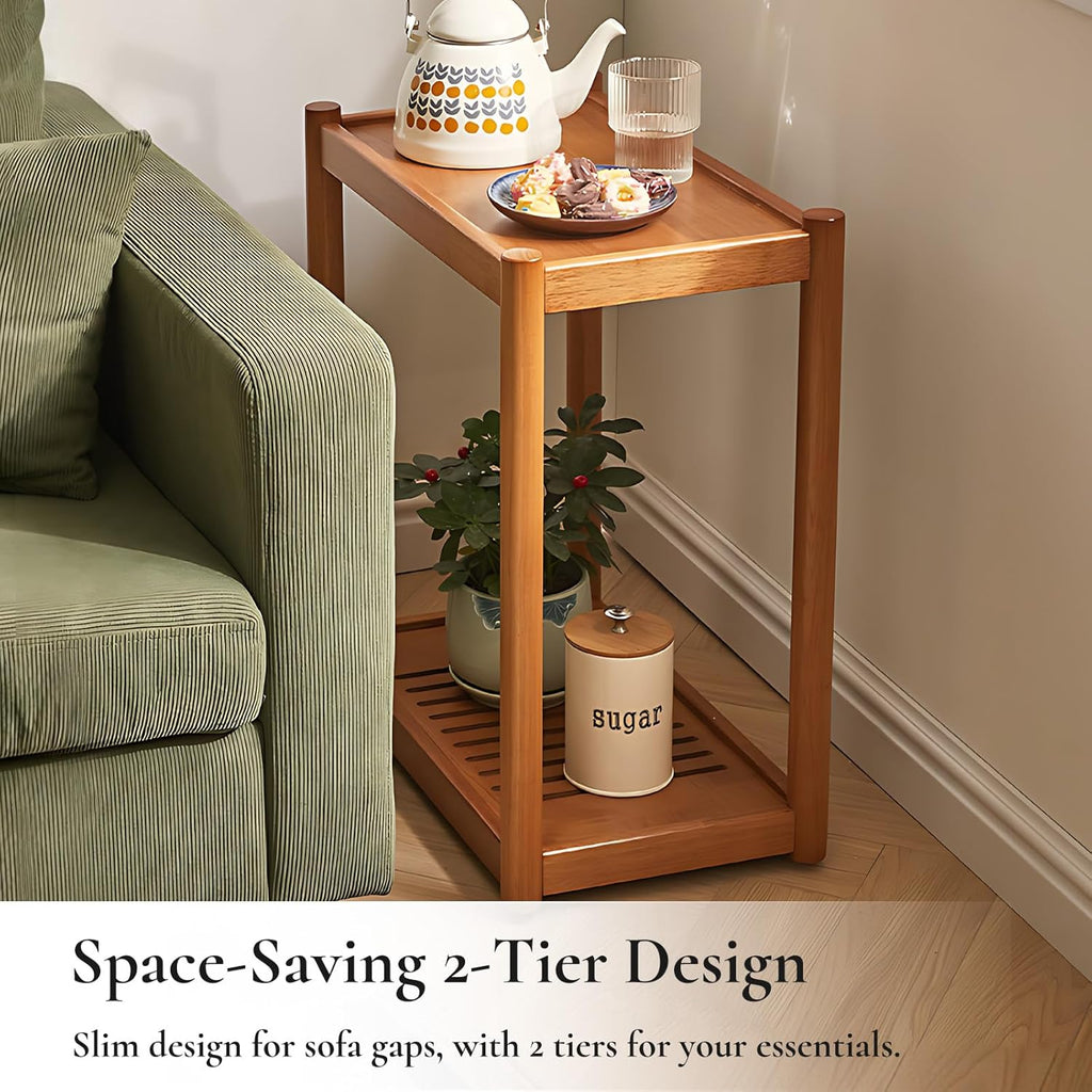 Side Table, Solid Wood Narrow End Table with Storage Shelf and Wheels, 2-Tier Sofa Table for Living Room, Rubber Wood Indoor Plant Stand, 26.8 H x 11.8 W x 19.7 D Inches (Natural)