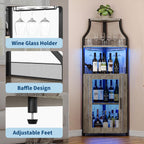 GarveeHome Corner Bar Wine Cabinet with LED Lights, 5-Tier Industrial Wine Cabinet with Glass Holder, Modern Liquor Cabinet with Adjustable Shelf, Home Bar Cabinet with Mesh Door, Grey